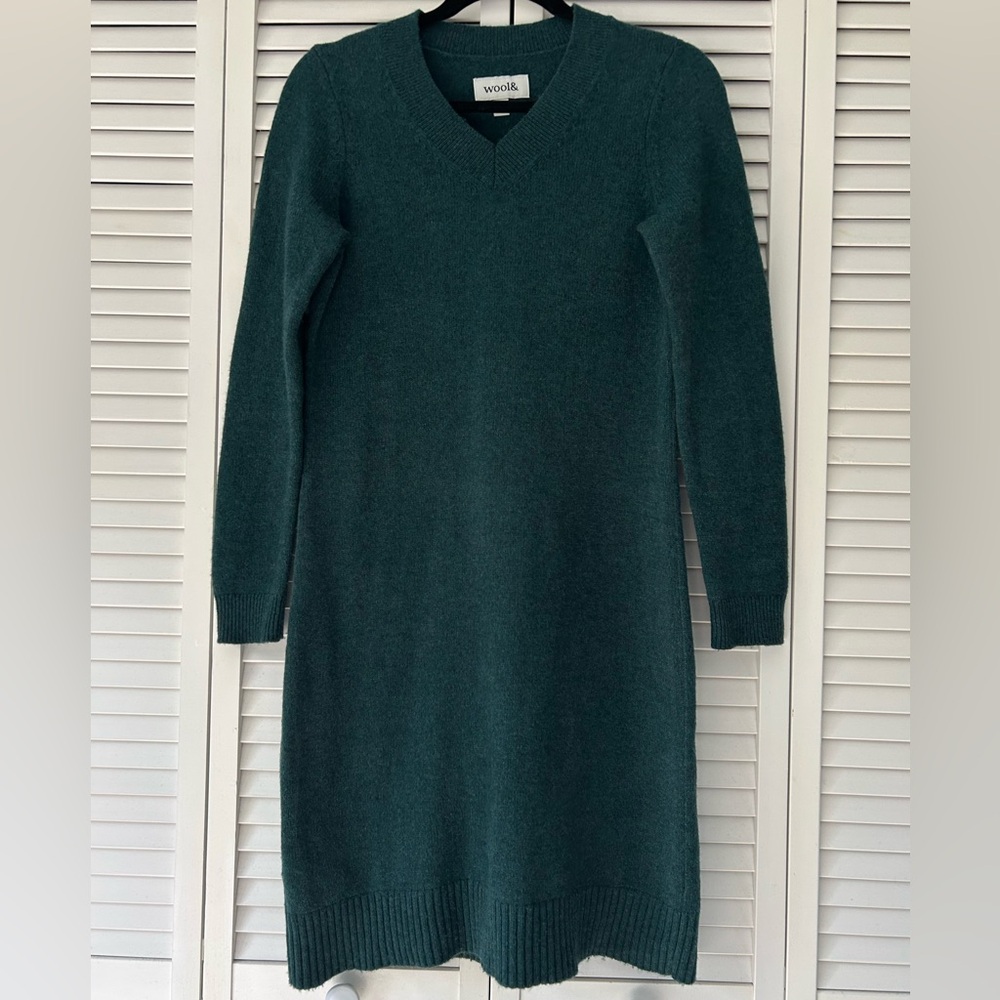 Wool& Jolene Heather Pine Green Merino Wool Knit Sweater Dress